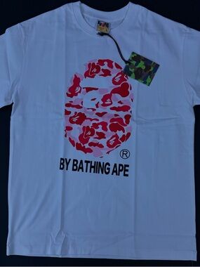 Bape White Tee with Red and Pink Camo Ape Head